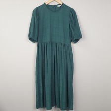Fat Face Dress Womens UK 10 Green Textured Ruffle Neck Puff Sleeve Casual Midi