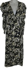 Topshop Wrap Midi Dress Black Gold Chain Print Puff Sleeve Size 14