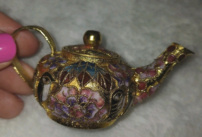 VTG Miniature Cloisonné Cloisonne Teapot Floral Oranament Hanging