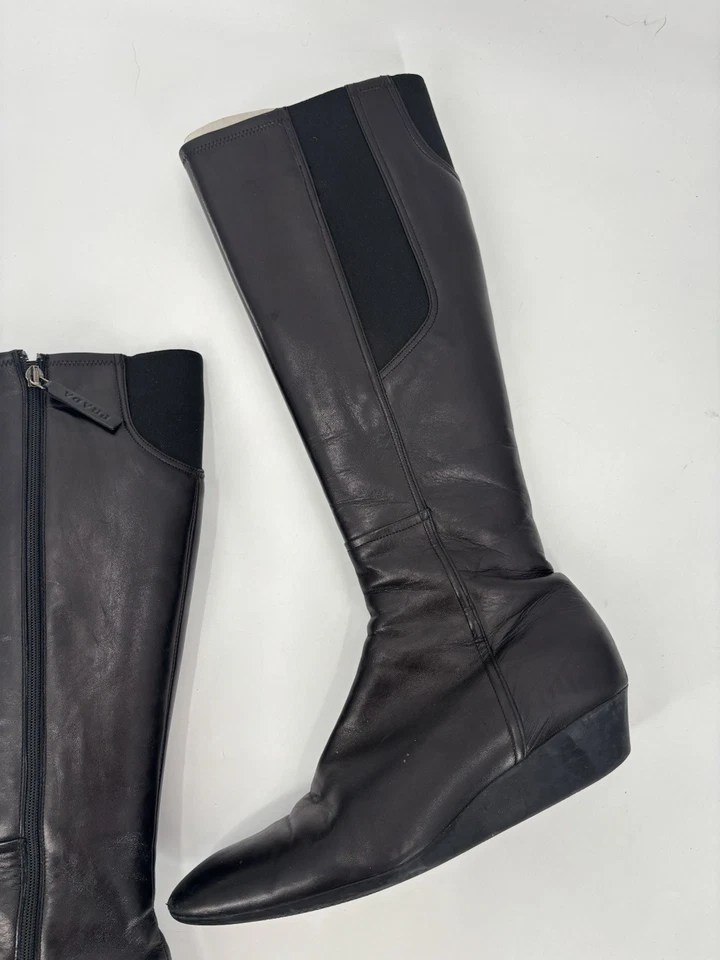Prada Boots Womens 39 Black Leather Knee High Zip Up Wedge Elastic Nylon Panel - Image 3 of 4