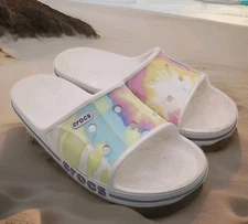 Crocs Slides Men's 7 Womens 9 White Tie-Dye. Beach Summer Sandals Comfort Shoes.