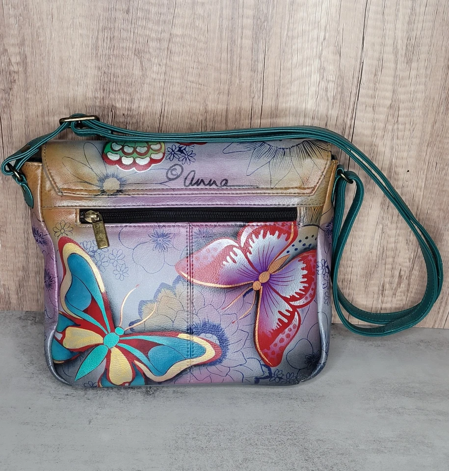 Bolso de mano/bolso de hombro Anuschka pintado a mano floral de cuero mariposa ¡EXCELENTE ESTADO USADO! Foto 2 de 4