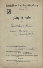 Szkoła zawodowa Augsburg świadectwo, kobieta. ,1937-1939 (Fabryka kół zębatych)