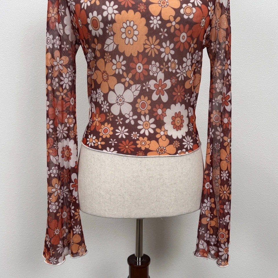 Top de malla floral sin marca para mujer M naranja transparente recortado manga campana indie boho Foto 3 de 4