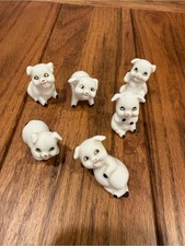 Vintage Miniature Porcelain Pig Figurines Set of 6 White Piglet Collection