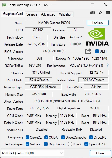 NVIDIA Quadro P6000 24GB GDDR5X VCQP6000-PB GPU Dell OEM 3840 CUDA PCIe 3.0 x16 - image 4 of 4