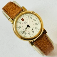 Vintage Swiss Army Golden Delta 29mm Women's Field Date Watch Gold Brown Leather