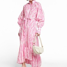 PATOU Voluminous Tiered Cotton Maxi Dress -Pink Art Deco Print, Lantern Sleeve