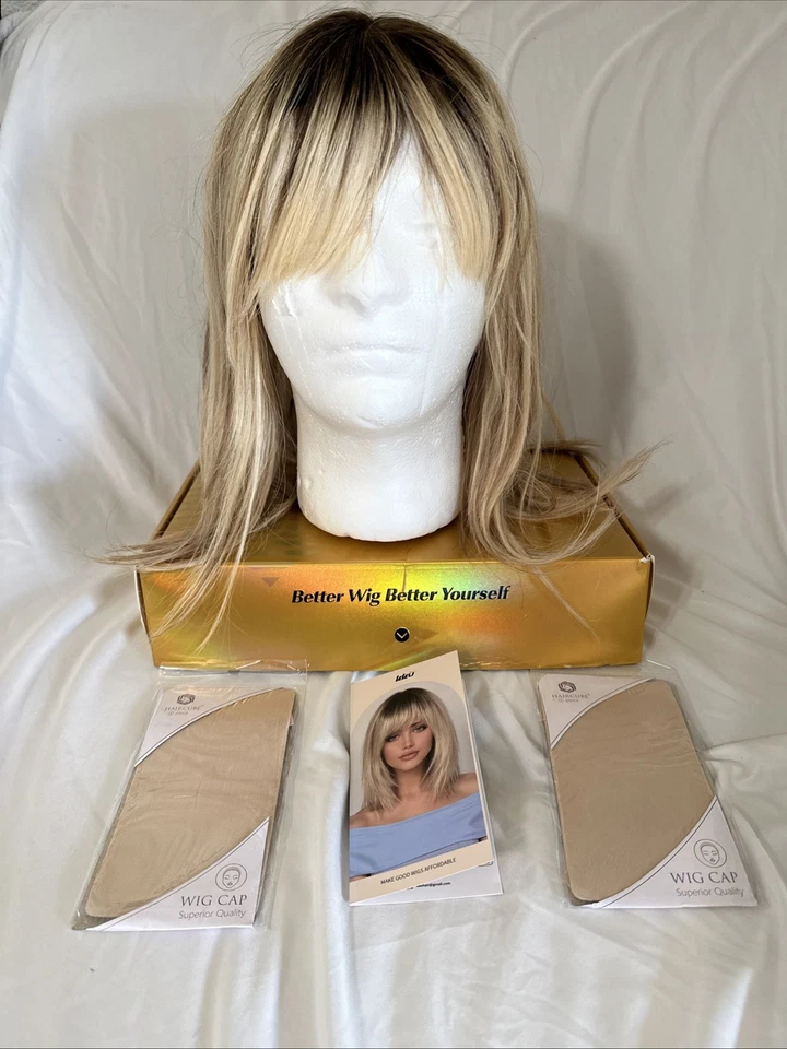 Peluca de cabello humano ombre marrón rubio para mujer Remy con flequillo 2 tapas de peluca incluidas Foto 3 de 4