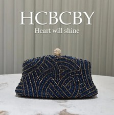 Elegant BLUE Rhinestone Evening Bag Luxury Beaded Clutch Purse Gold Chain