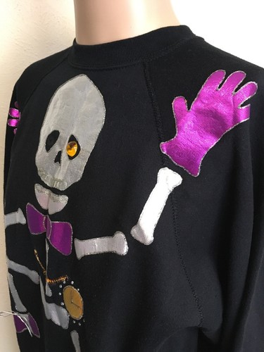 Vintage 80s SKELETON ONE EYED WILLIE RAGLAN 3D SWEATSHIRT Black USA MADE L - Picture 7 of 12