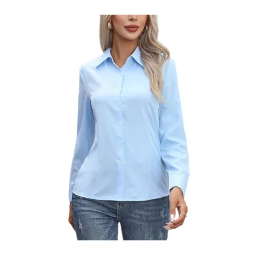 Damen Button Down Shirt Top Bluse Langarm Kragen Einfarbig Büro Arbeit Kleid - Bild 6 von 29