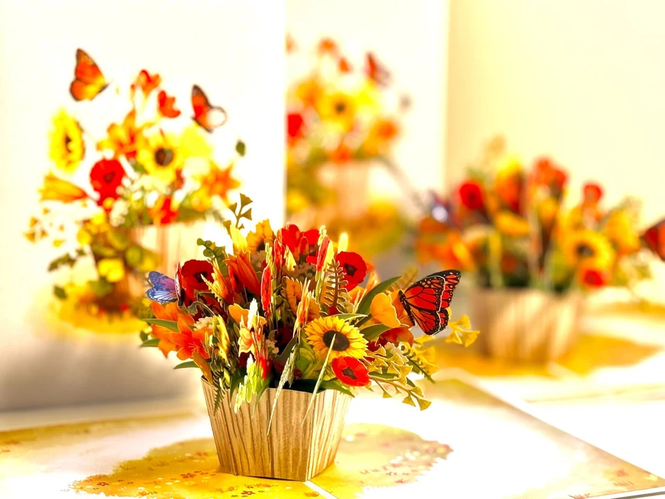 ORIGAMI POP CARDS Fall Flowers in Bucket Butterflies Happy Birthday Thank You 3D - Image 3 of 4