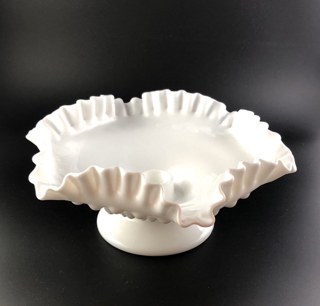 Vintage Fenton White Milk Glass Hobnail Ruffled Edge Taper Candle