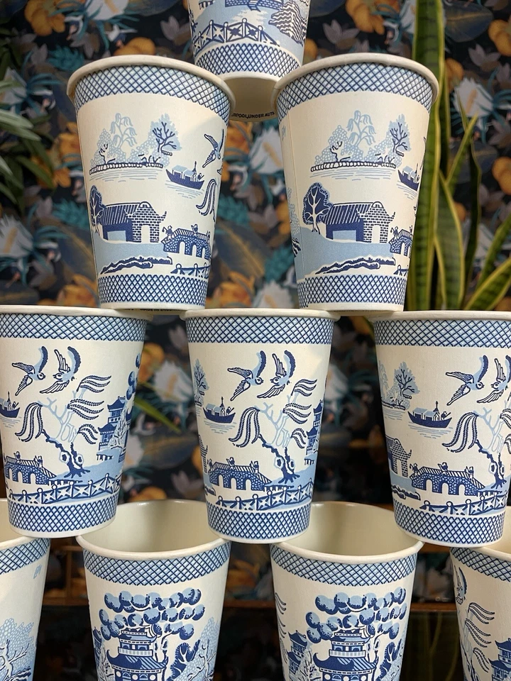 10 x Tazas de Papel Enceradas LILY De Colección Azul y Blanco Oriental PATRÓN SAUCE Fiesta Foto 2 de 4