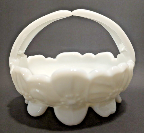 Vtg 1950s Westmoreland Milk Glass Split Handle Footed Basket Dish Pansy ...