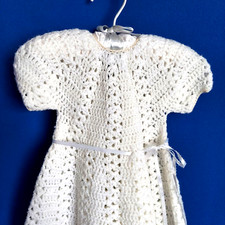 Infant Baby Girl Hand Made Crochet White Baptism Christening Dress Ribbon Tie