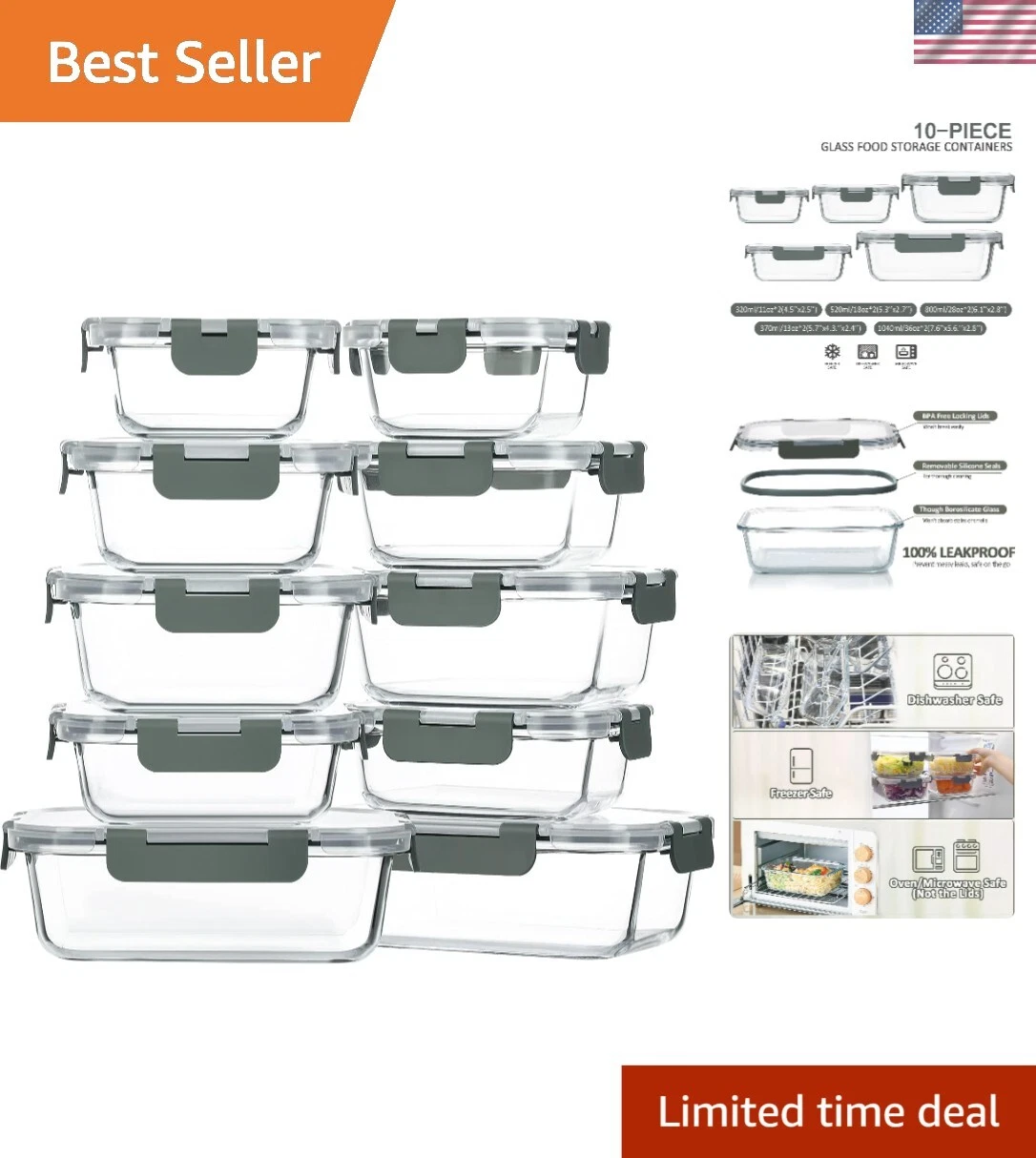 10-Pack Premium Borosilicate Glass Food Storage Containers with Airtight Lids