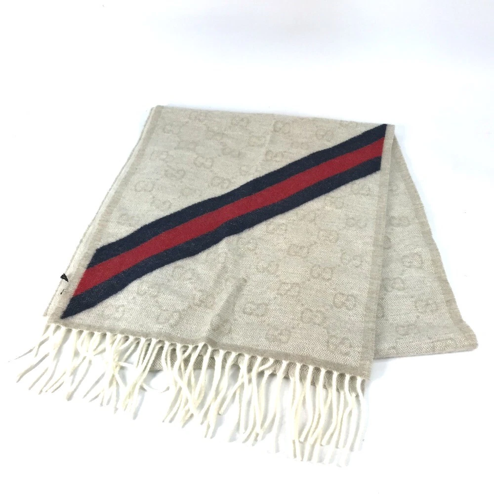 GUCCI 570603 GG Shelly line fringe Scarf wool Beige Unused