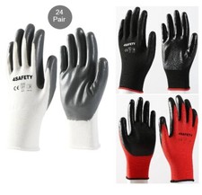 24 Pairs NITRILE COATED Red Black Nylon Work Gloves Builders Gardening Grip