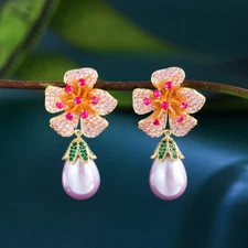 Unique Gold Plated CZ Rose Red Flower Purple Pearl Dangle Drop Earrings for Lady