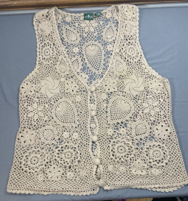 Vtg Women 18W Beige Crochet Knit Vest Boho Cottogecore Teacher Granny Festival