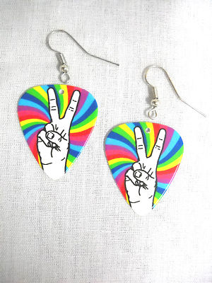 PEACE SIGN HAND SYMBOL RAINBOW COLOR BACKGROUND PRINTED GUITAR PICK EARRINGS