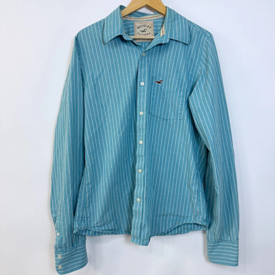Vintage Y2K Hollister Button Up Shirt Mens XL Aqua Blue Striped Preppy Coastal - Image 2 of 4
