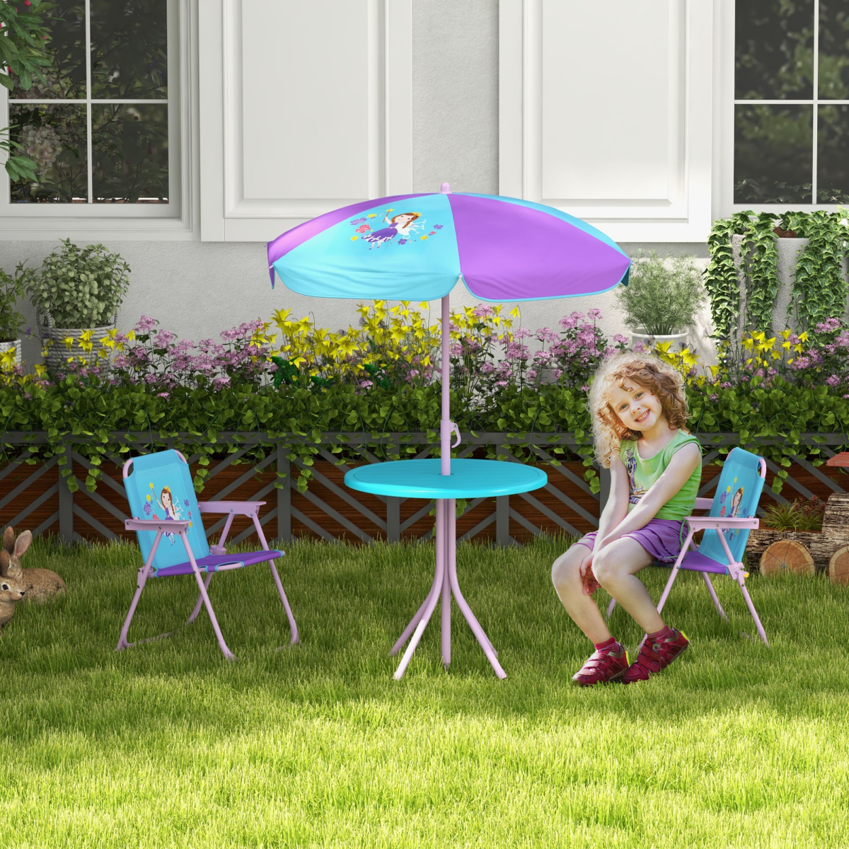 Outsunny Kids Bistro Table and Chair Set with Fairy Theme Adjustable Parasol
