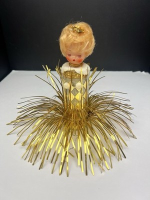 Vintage Angel table topper Cardboard Gold Wing Tinsel Aluminum
