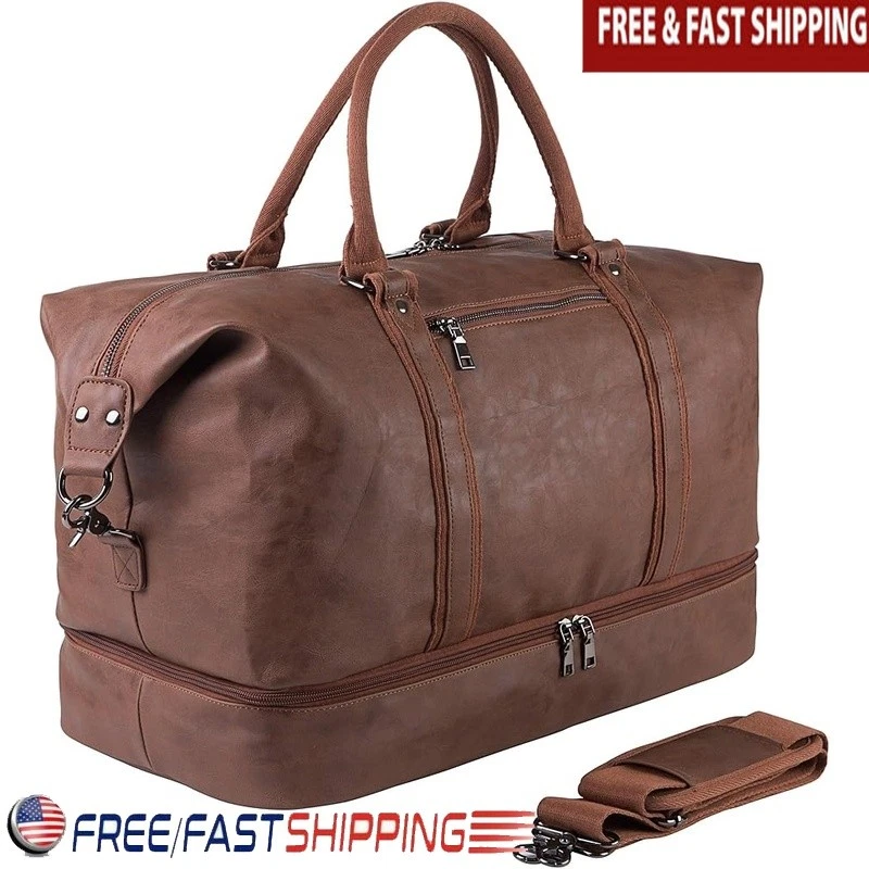 Leather Travel Duffel Bag W/ Shoe Pocket Adjustable Strap Oversized 52L Capacity