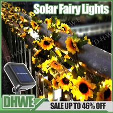 LED Solar Powered Sunflower Fairy String Lights Garden Outdoor Wall Fence Lamp