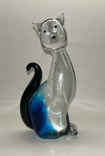 Murano Style Glass Cat 8" Tall Blue Clear Black Tail Sommerso Base White Eyes