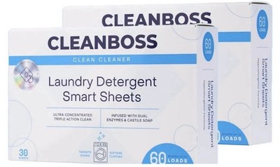 NIB 2~PACK CleanBoss Laundry Detergent Smart Sheets - 60 Sheets (120 loads) NEW!