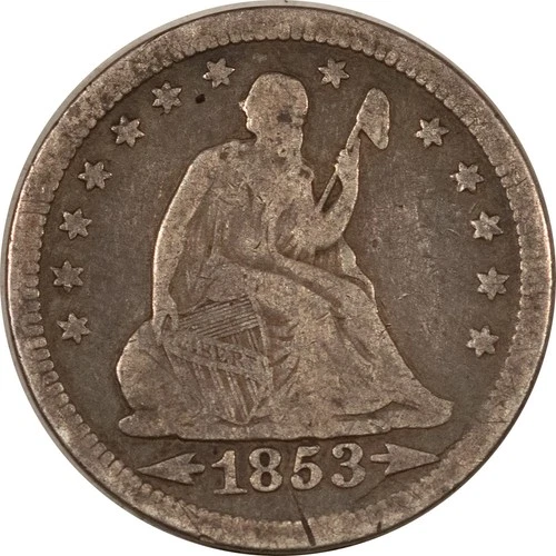 1853 SEATED LIBERTY QUARTER ARROWS & RAYS - VG+ DETAILS, WITH DAMAGE!
