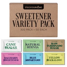 Stock Your Home Sweetener Variety Pack, 300 Count (50 Each) Sugar, Raw