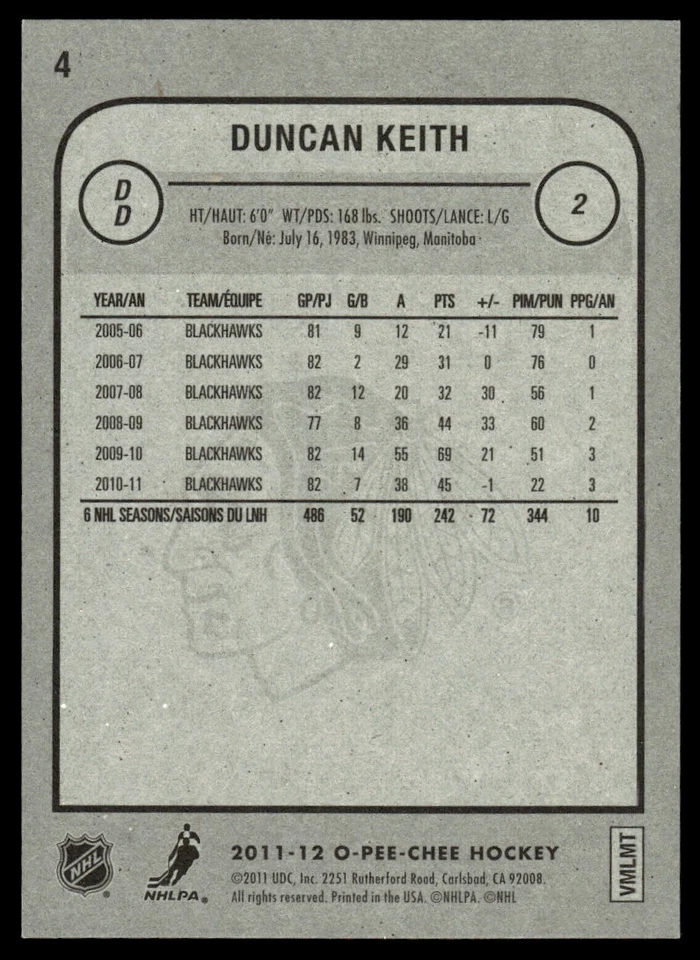 2012-13 O-Pee-Chee Playoff Beard Duncan Keith Chicago Blackhawks #6 - Image 2 of 2