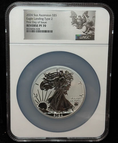 NGC Reverse PF70 2024 Ascension Island $5 Heraldic Eagle Ty2 5oz 999 Silver Coin