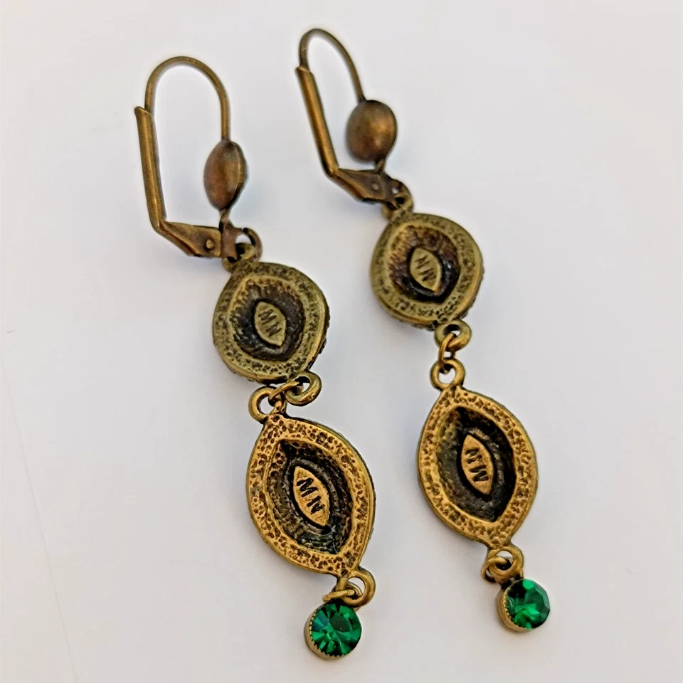 Pendientes Michal Negrin Largos Cristales Verdes Profundos Cuelgan Renacimiento Victoriano Real Foto 3 de 4