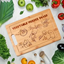 1pc Bamboo Cutting Board with Laser Engraved Vegetable Murder Design Durable