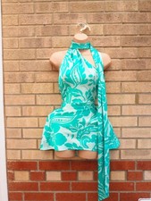 Prettylittlething green floral satin tie high scarf neck shift mini dress 8 S