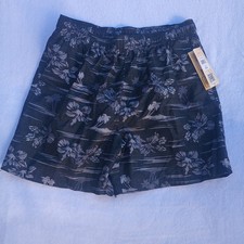 OP Swim Trunks Men's L 36-38 Black Island Floral Lined Elastic Waist 18" Outseam