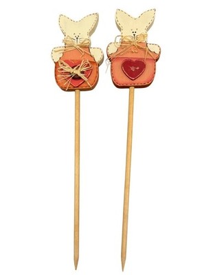 Wooden Bunny Pot Plant Stakes Easter With Heart Design - Set Of 2 heart READ