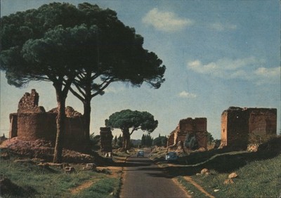 ROMA, Italy Via Appia Antica, Ancient Ruins & Trees, Modern Pavement Postcard