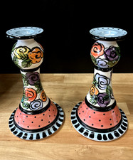 Vintage Pair Whimsical Floral Hand Painted Candle Holders CA Artist Lygia Dubin
