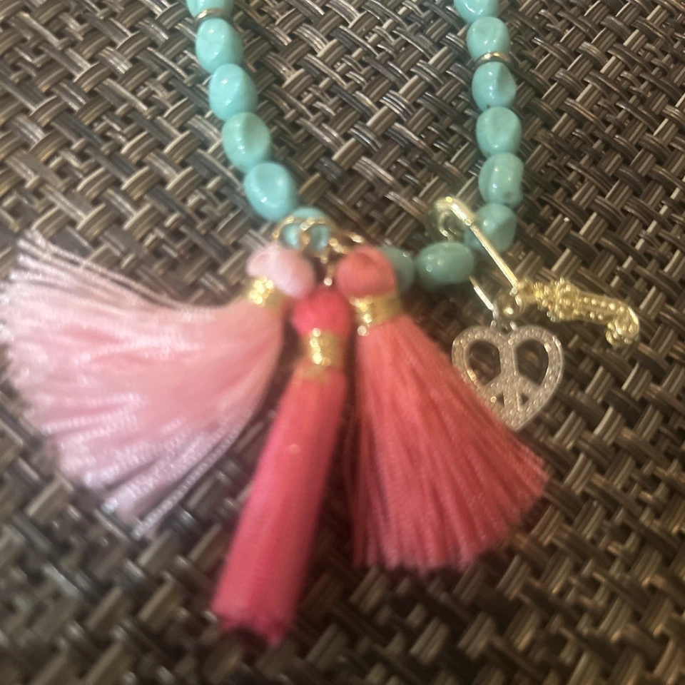 Juicy Couture Turquoise Bead Pink Tassel Safety Pin Charm Stretch Bracelet - Image 3 of 4