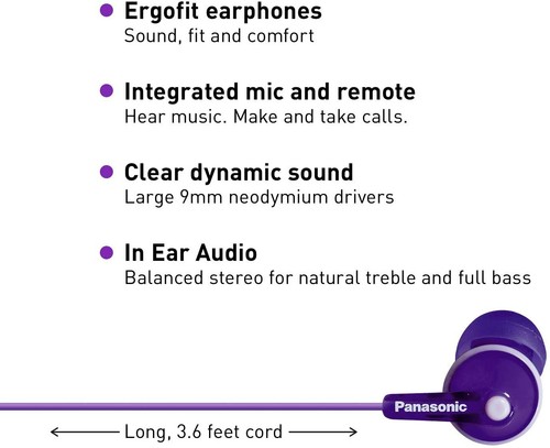 Panasonic ErgoFit Earbud Headphones Microphone Earphones RP-TCM125 Purple - Picture 3 of 5