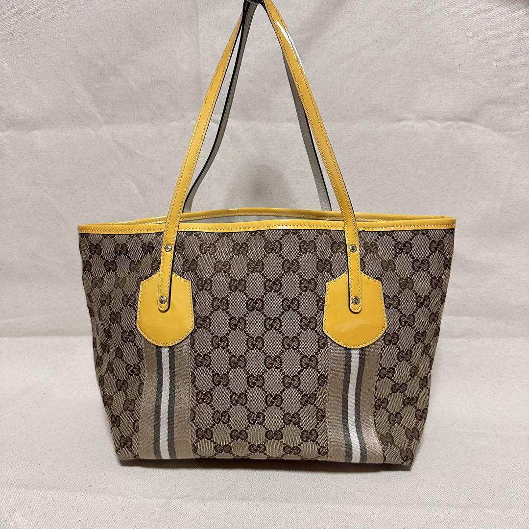 GUCCI Tote Bag Shoulder Sherry GG Canvas Leather Brown Yellow