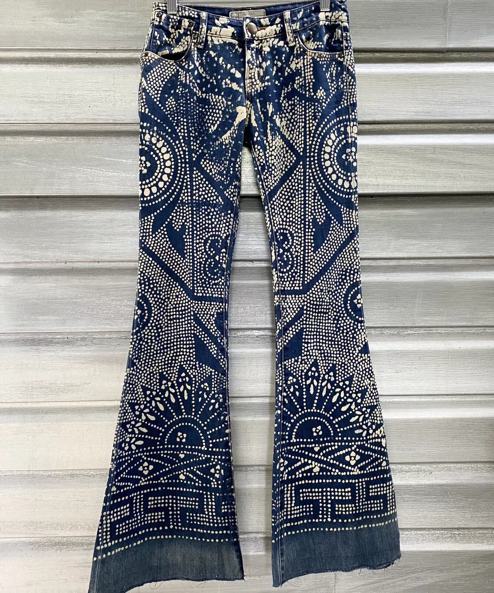 FREE PEOPLE Flare Bali Discharge Print Boho Festival Bell Bottom Jeans