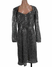 VTG 80s Handmade Silver Sequin Lam Illusion Sleeve PROM Evening NYE Dress M/L